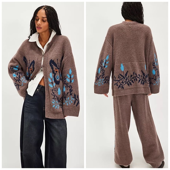 Free People Sweaters - Free‎ People Greet Knit Pant Set Cardigan Butterfly Sweater XS Brown Blue